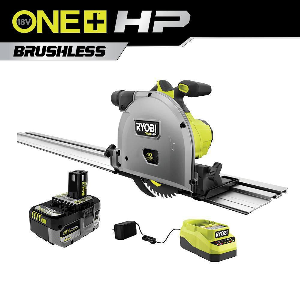 RYOBI ONE+ HP 18V Brushless Cordless 6-12 in. Track Saw Kit with 4.0 Ah HIGH PERFORMANCE Battery and Charger PTS01K