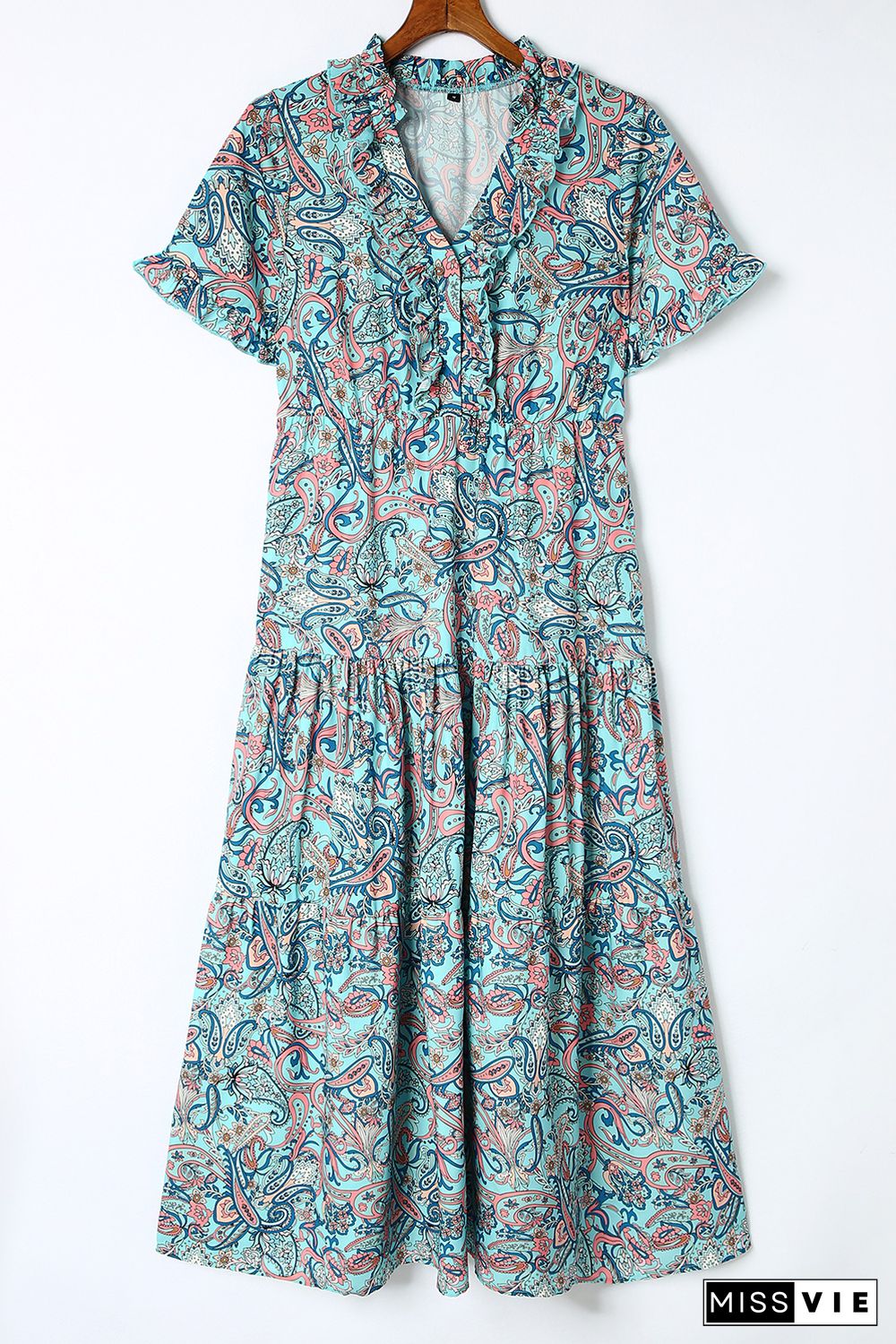 Sky Blue Paisley Print Boho Holiday Ruffle Tiered Maxi Dress