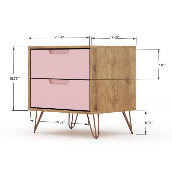 Rockefeller Tall 5- Dresser and 2-Drawer Nightstand in Nature and Rose Pink