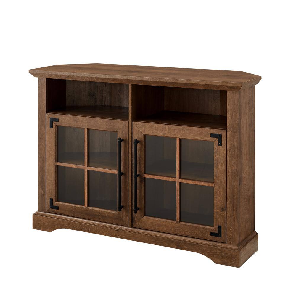 Welwick Designs 44 in. Natural Walnut Wood and Glass Transitional Farmhouse Window Pane Door Corner TV Stand Fits TVs up to 50 in. HD9055