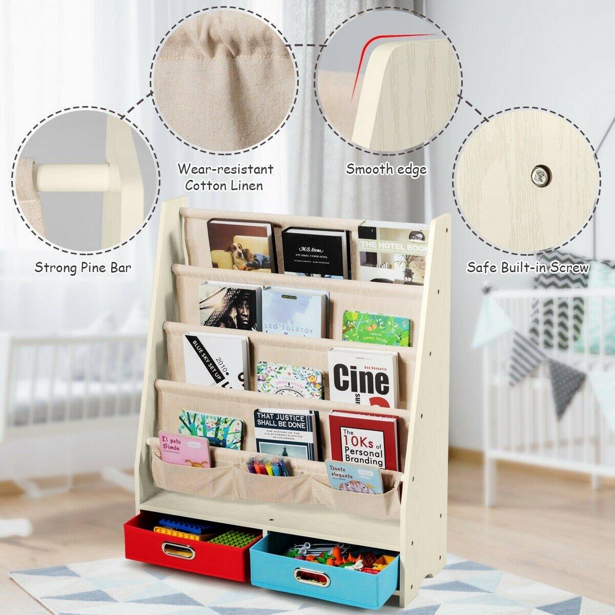 Costzon Bookshelf for Kids, 2 in 1 Children Display Bookcase Classroom Storage Organizer