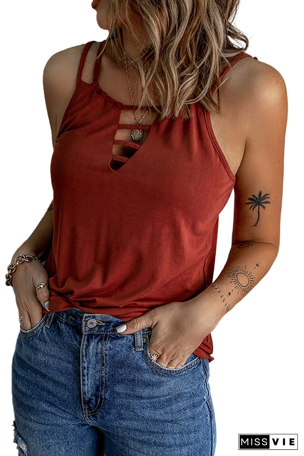 Wine Red Ladder Hollow-out Tank Top