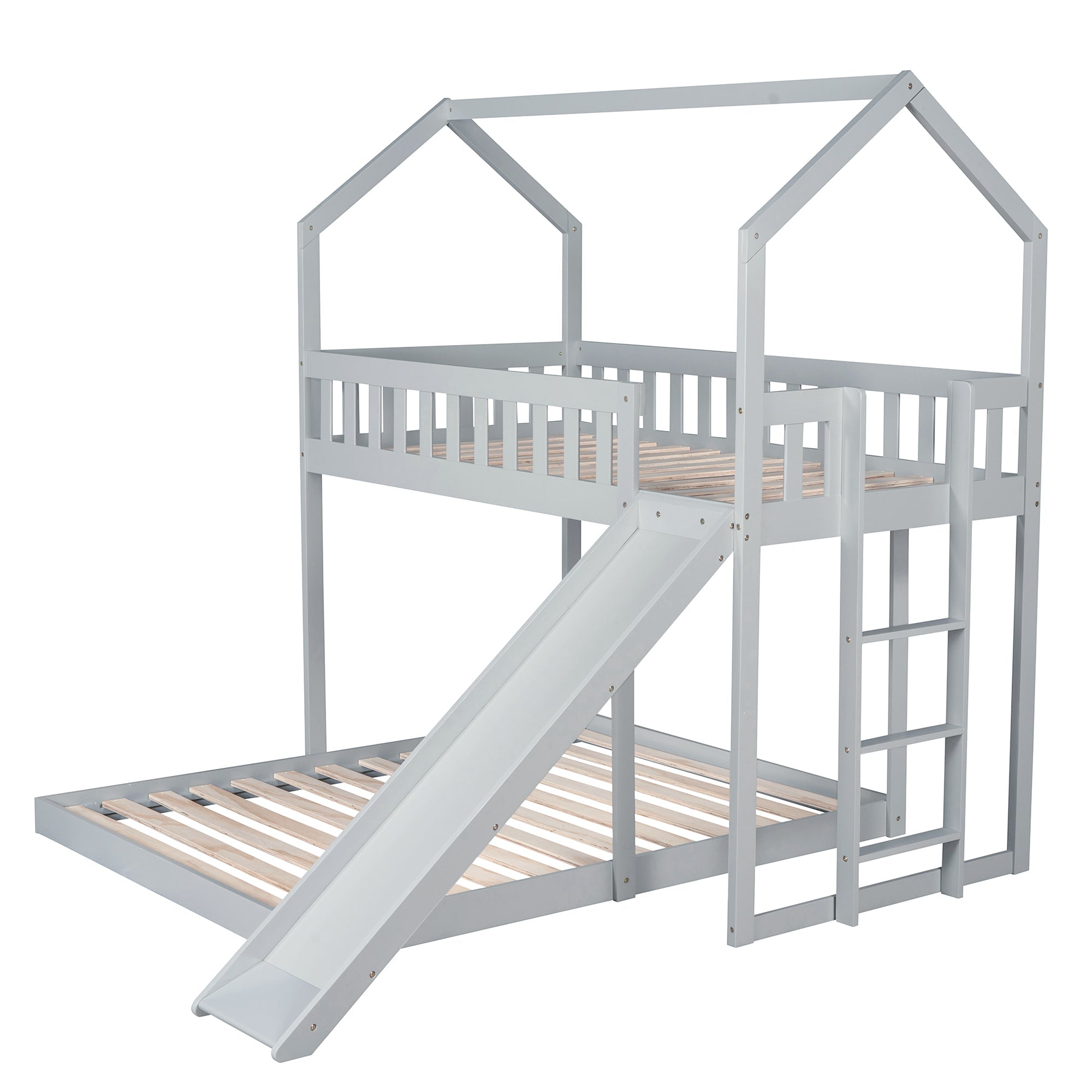 Modern Wood Twin over Full House Bunk Bed for Kids Bedroom, Gray