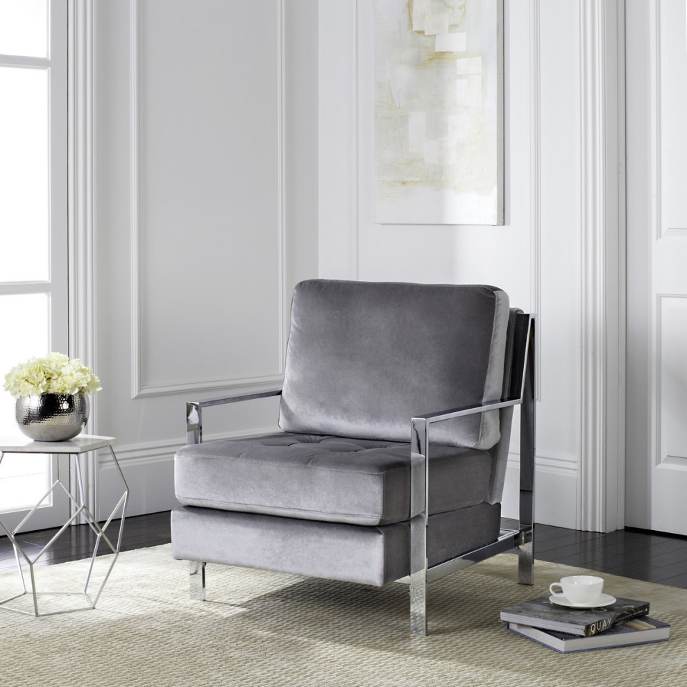 Nadia Modern Tufted Velvet Chrome Accent Chair Light Grey   Contemporary   Armchairs And Accent Chairs   by AED Luxury Home Decor  Houzz