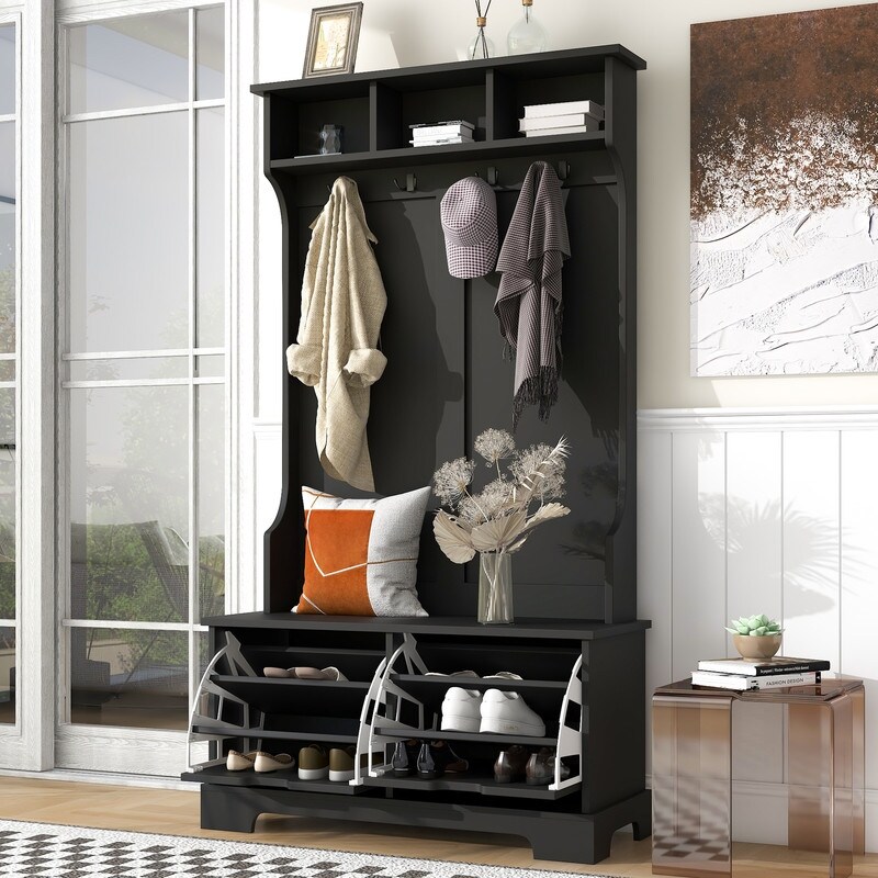 In One Hall Tree with 3 Top Shelves and 2 Flip Shoe Storage Drawers for Living Room  Hallway Easy Assemble