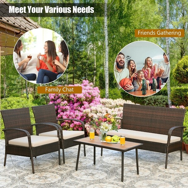 4Pcs Patio Rattan Outdoor Conversation Set with Cushions