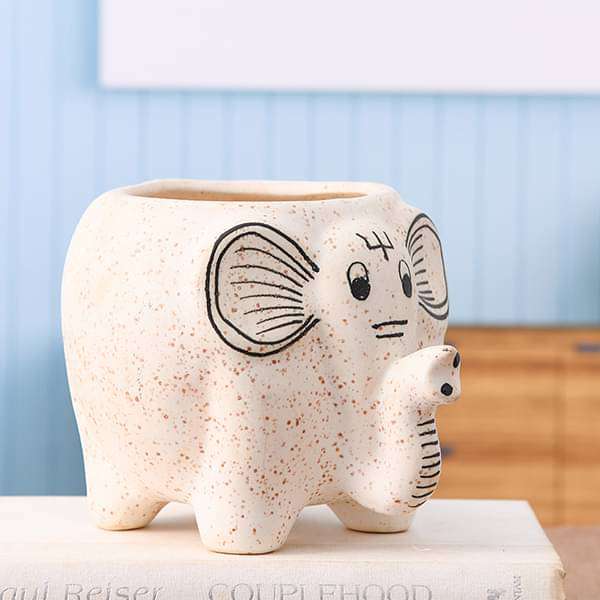 3.7 inch (9 cm) Elephant Shape Marble Finish Ceramic Pot (White) (set of 2)