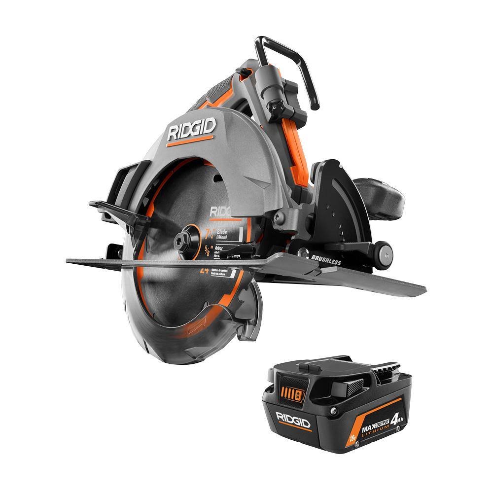 RIDGID 18V Brushless Cordless 7-14 in. Circular Saw with 18V 4.0 Ah MAX Output Lithium-Ion Battery R8654B-AC840040