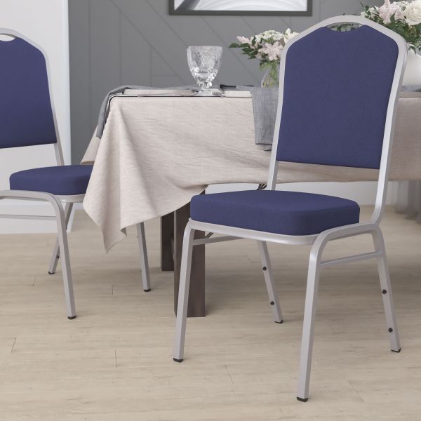 Flash Furniture HERCULES Series Crown Back Stacking Banquet Chair with Navy Fabric and 2.5'' Thick Seat - Silver Frame