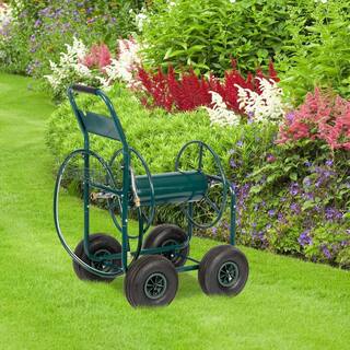 37 in. Outdoor Iron Four -Wheel Tube Car Garden Water Pipe Rolling Car Dark Green 978929524