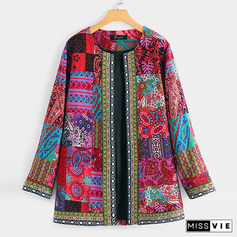 Women  Casual Loose Ethnic Open Front Cardigan Autumn Spring Fashion Floral Print Outwear JacketLong Sleeve Thin Coat Plus Size S-5XL