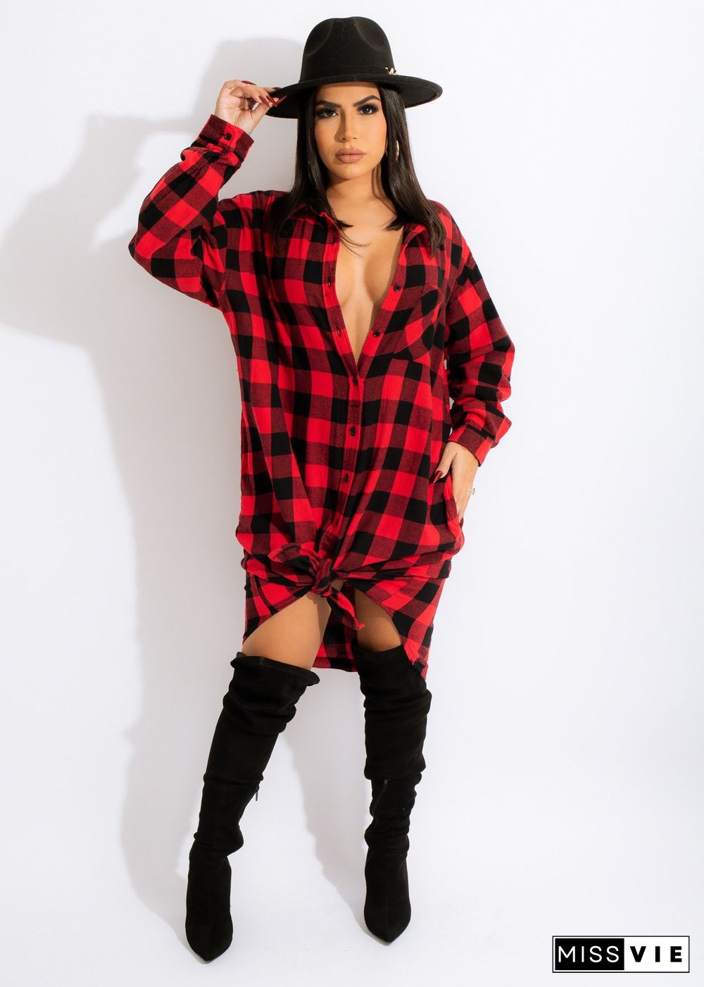 Long Sleeves Single-breasted Plaid Shirt Dress