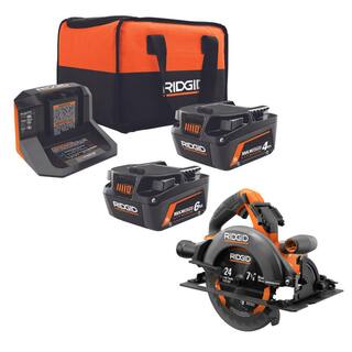 RIDGID 18V 6.0 Ah and 4.0 Ah MAX Output Lithium-Ion Batteries and Charger Kit with Bag and 18V Brushless 7-14 in. Circular Saw AC840060SB1-R8657B