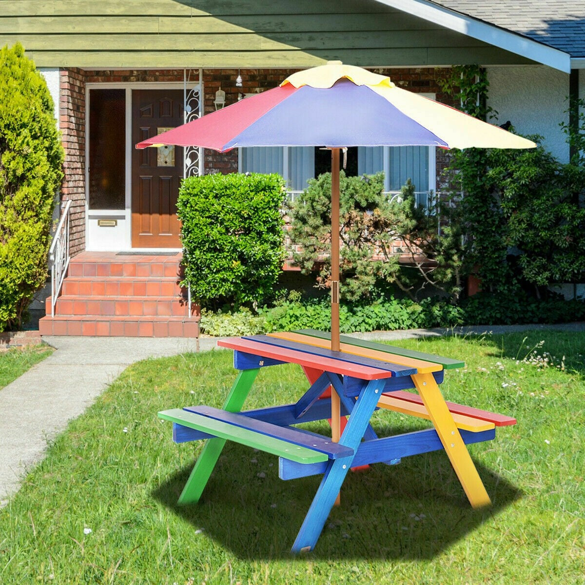 Kids Picnic Table Set, Wood Table and Bench Set with Removable & Foldable Umbrella