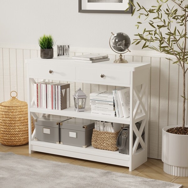 White 3-Tier Console Table with 2 Drawers and 2 Shelves