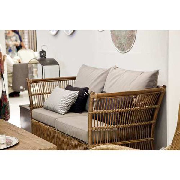 Donatello Antique Rattan Two-Seater Sofa with Sunbrella Sailcloth Seagull Seat and Back Cushion