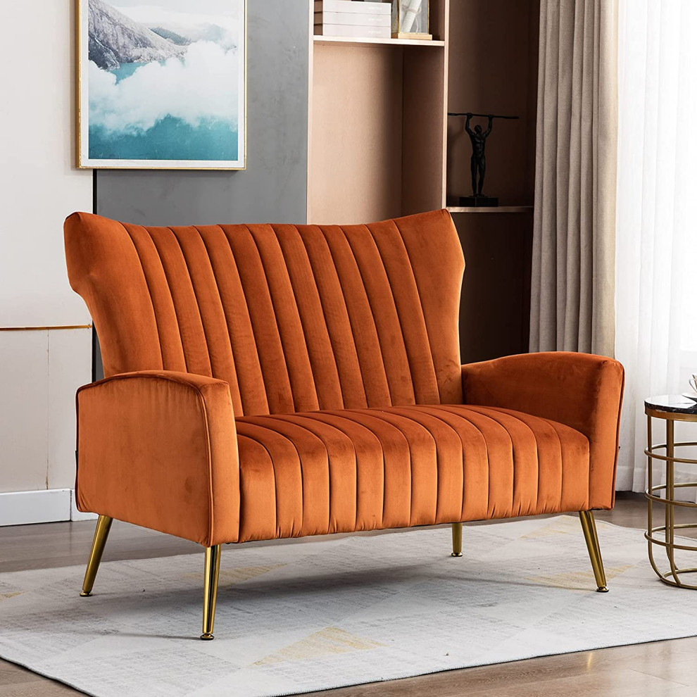 Caramel Color  Curved Tufted Contemporary Velvet High Back Loveseat Sofa   Midcentury   Armchairs And Accent Chairs   by Imtinanz  LLC  Houzz