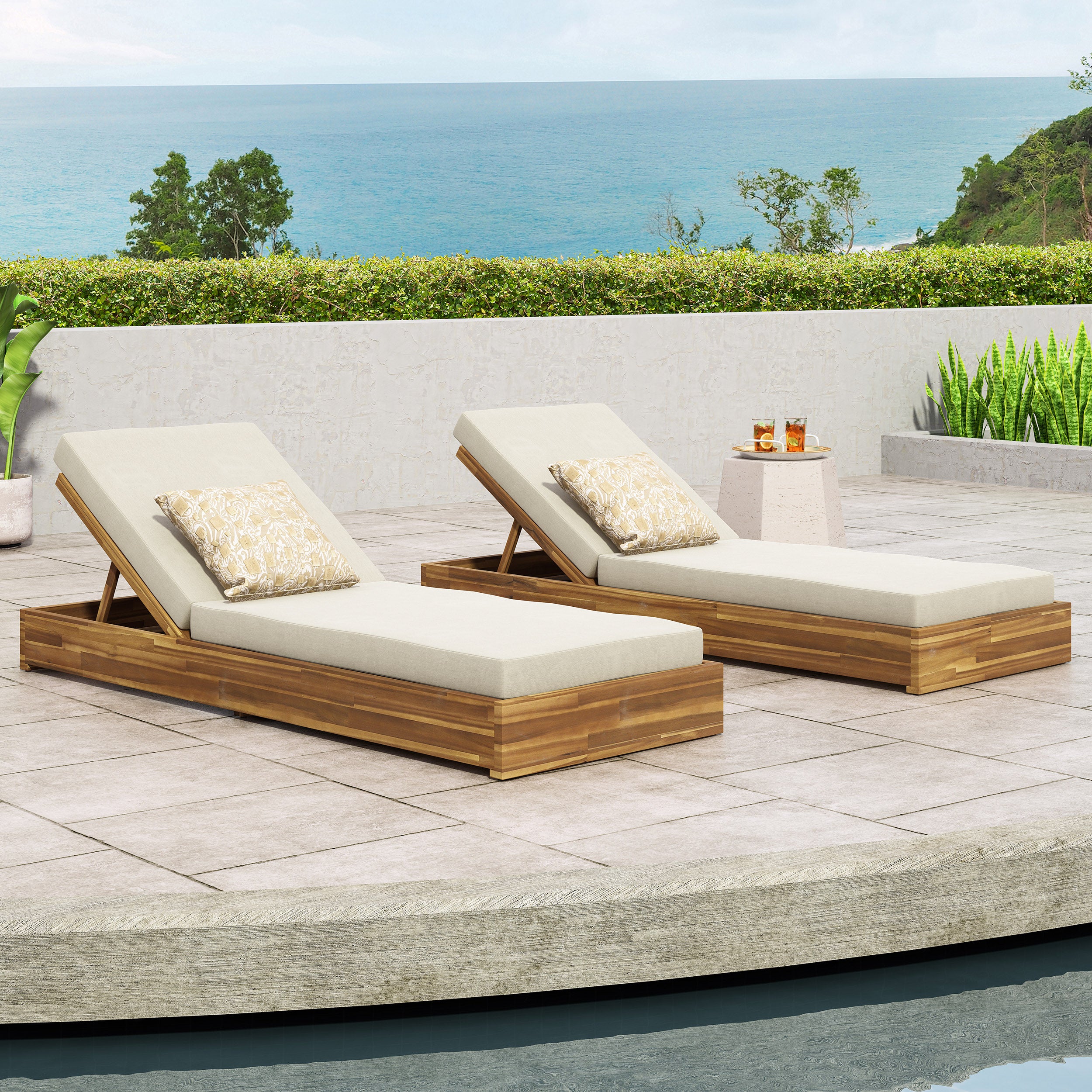 Niyanna Outdoor Acacia Wood Chaise Lounge with Cushion (Set of 2)