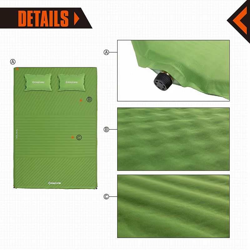 KingCamp Double Self Inflating Camping Sleeping Pad Mat with 2 Pillows， Green