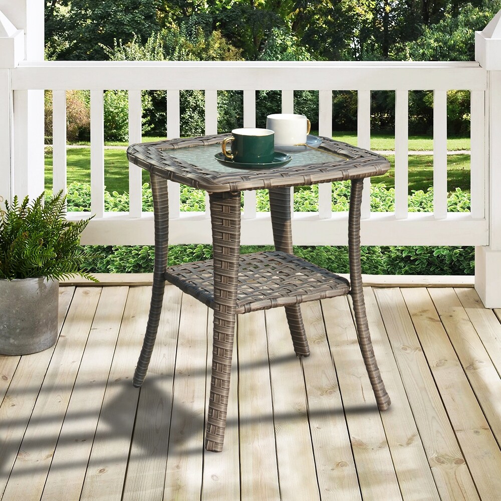 OVIOS Patio Outdoor Wicker Side Table with Glass Top