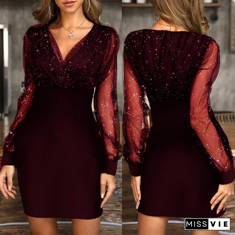 Women Fashion Long Sleeve V-Neck Slim Sequins Sexy Female Dress Black Retro Elegant Party Dress Vestidos