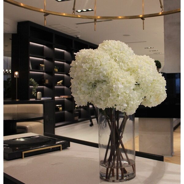 White Hydrangea Bouquet in clear glass cylinder vase