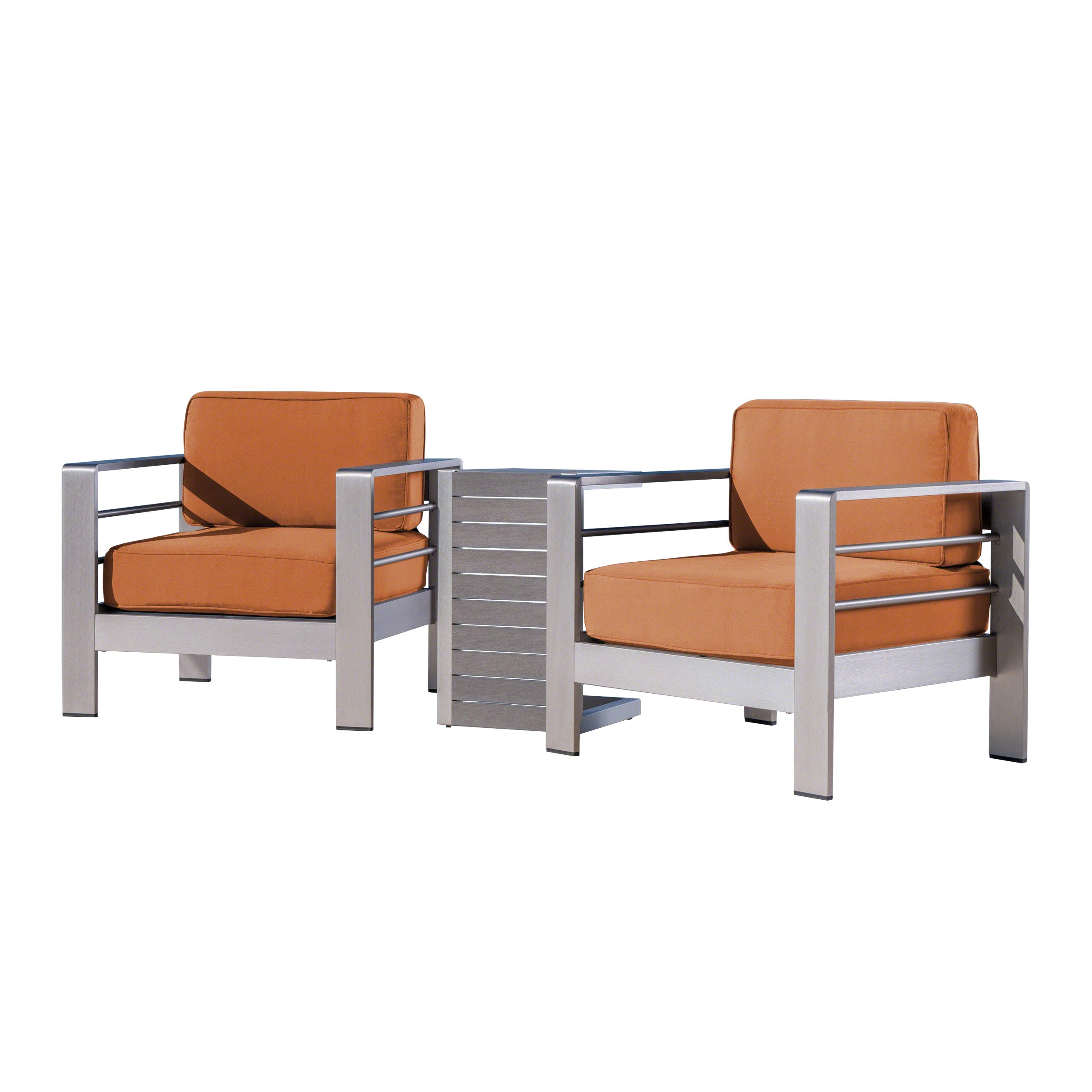 Zona Outdoor Aluminum Club Chairs and Faux Wood Side Table Set with Cushions