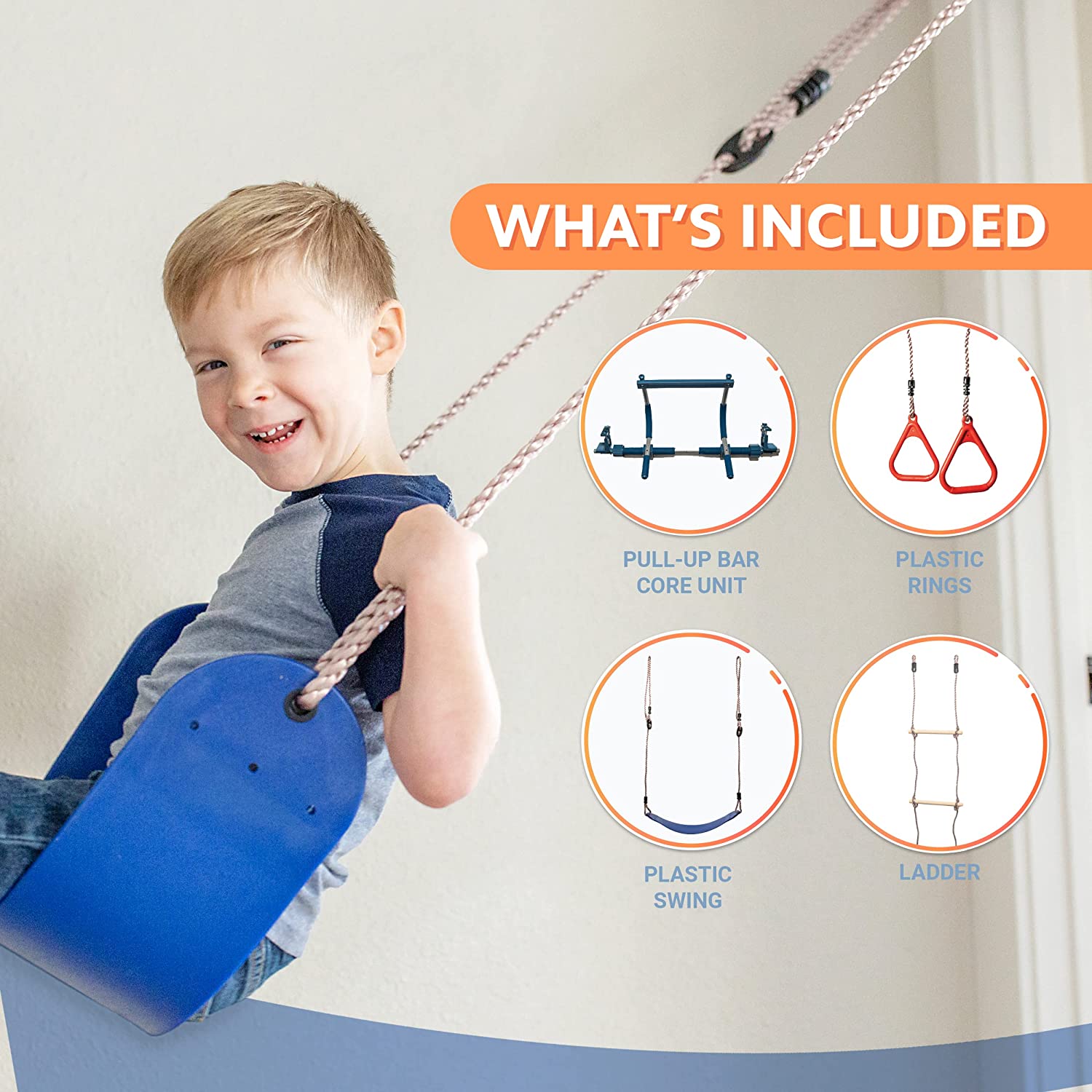 6 Piece Indoor Doorway Gym Set for Kids – Indoor Swing for Kids Includes Kids Swing Chair, Rings, Hanging Trapeze, Ladder, Swinging Rope & Pullup Bar