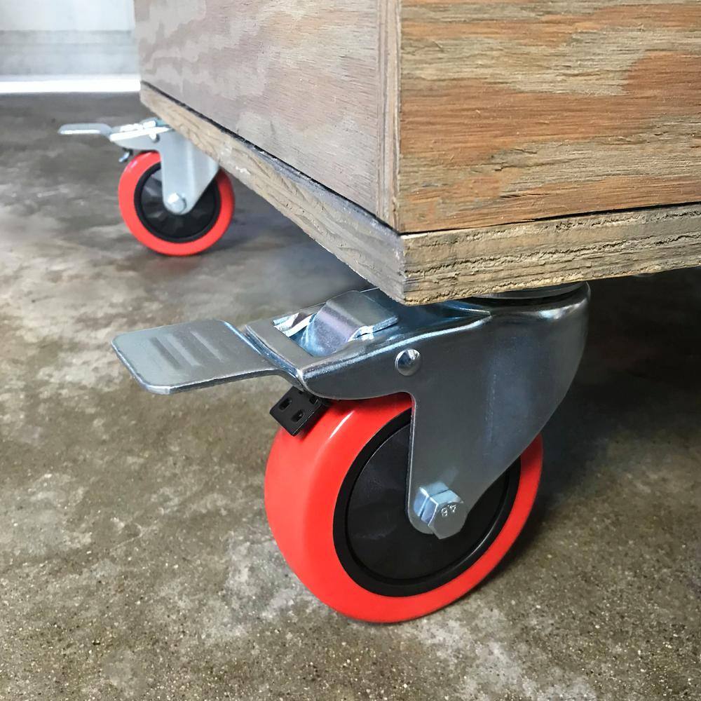 Everbilt 4 in. Red Polyurethane and Steel Swivel Plate Caster with Locking Brake and 250 lbs. Load Rating 4120745EB