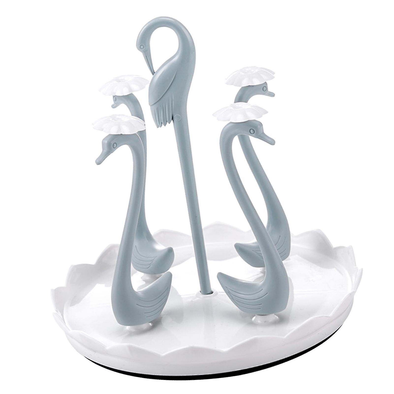 Swan Cup Holder with Rotating Drip Tray Plastic Rotatable Drinking Cup Drainer Stand Rack for Home Kitchen Blue 4 Heads