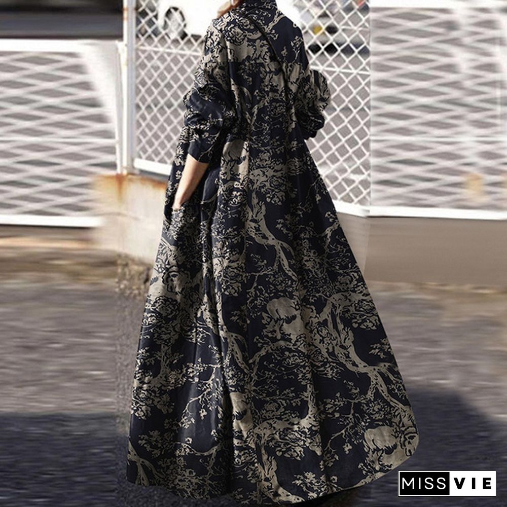 Zanzea Women Long Sleeve Shirt Dress Vintage Floral Printed Maxi Dresses