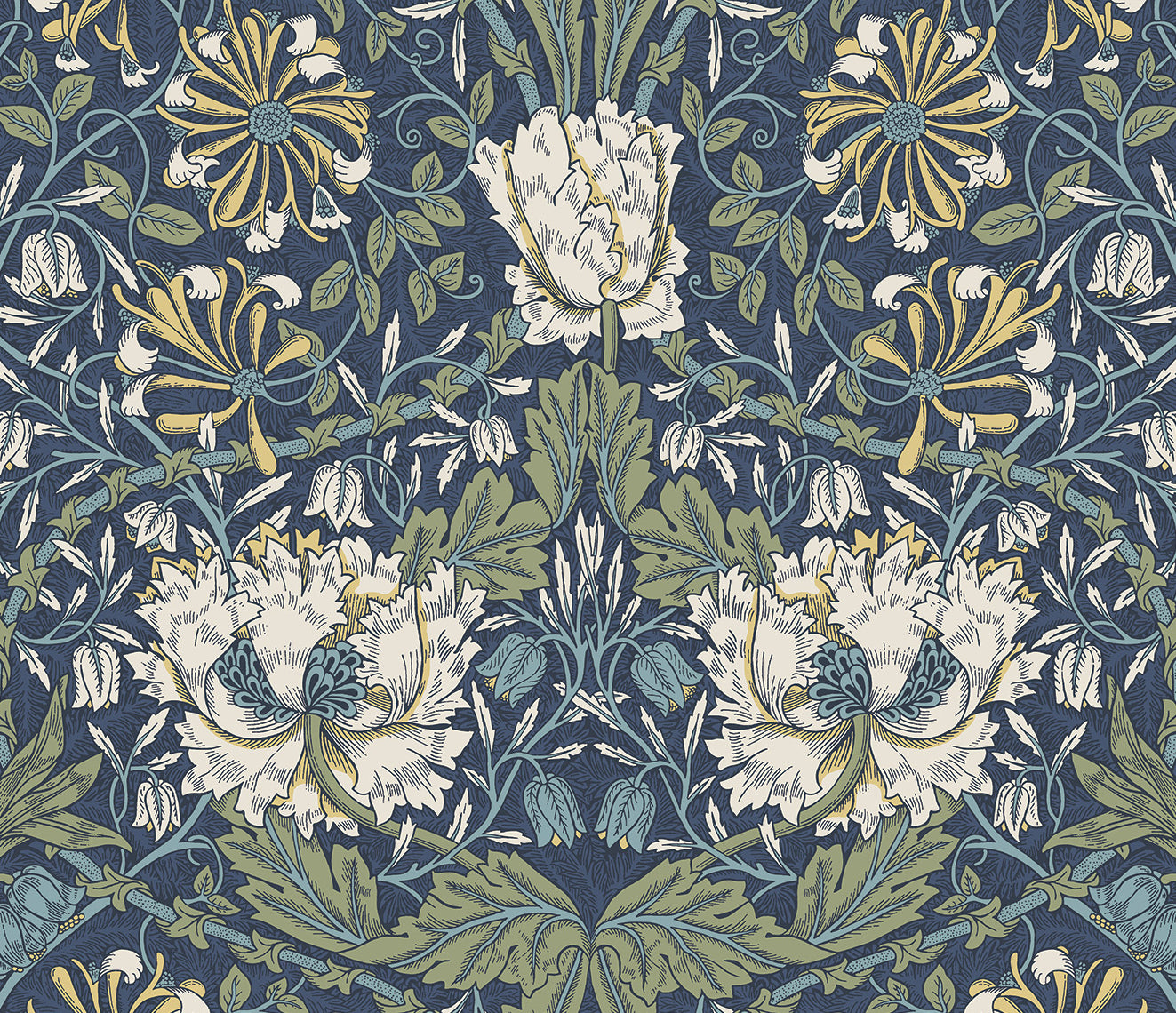 Sample Ogee Flora Peel-and-Stick Wallpaper in Indigo Dye & Sage