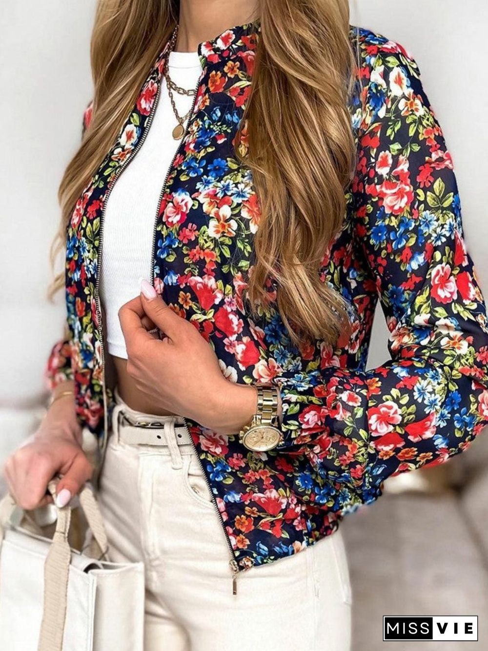 Casual Floral Long Sleeve Printed Outwears Jackets