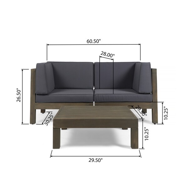 Oana Outdoor 2Seater Acacia Wood Sectional Loveseat and Coffee Table Set with Cushions by Christopher Knight Home