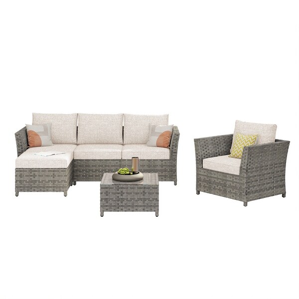 HOOOWOOO Patio Furniture Outdoor 6piece Grey Rattan Sectional Set with Ottoman