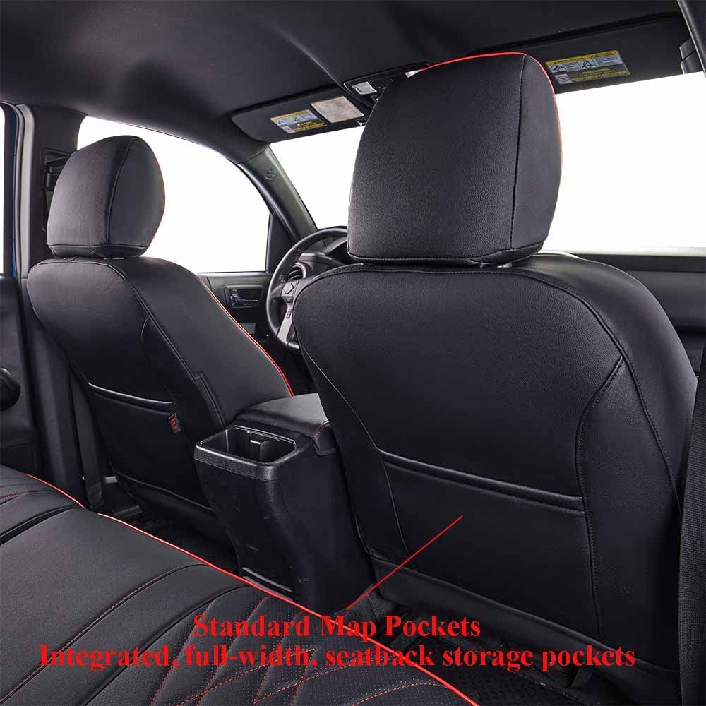 EKR Custom Fit Tacoma Leather Car Seat Covers for Toyota Tacoma 2016 2017 2018 2019 2020 2021 2022 2023 /Double Cab - Full Set，Leather(Black with Red Trim)