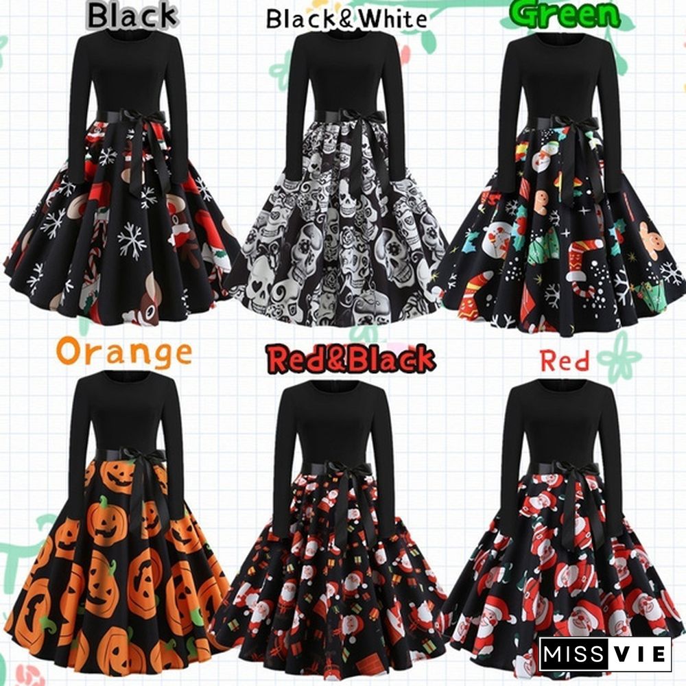 Fashion Women's Christmas Swing Party Dress Printing Long Sleeve Festival Prom Belt Dresses Evening Round Collar Halloween Female Dress.