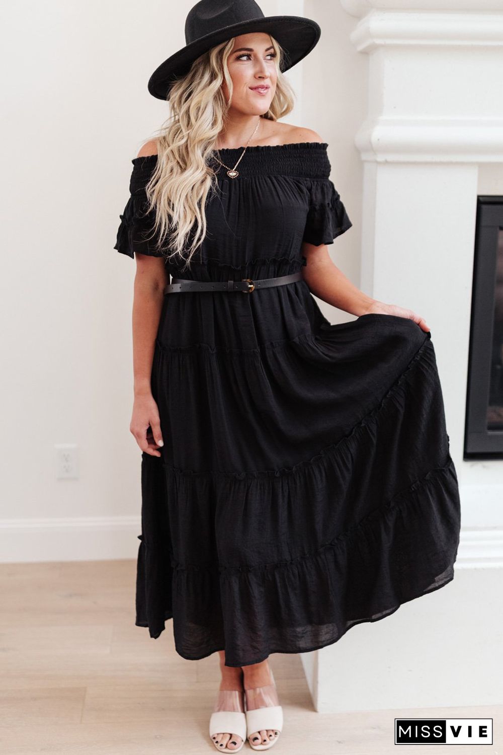 Black Plus Size Smocked Off Shoulder Frill Tiered Maxi Dress