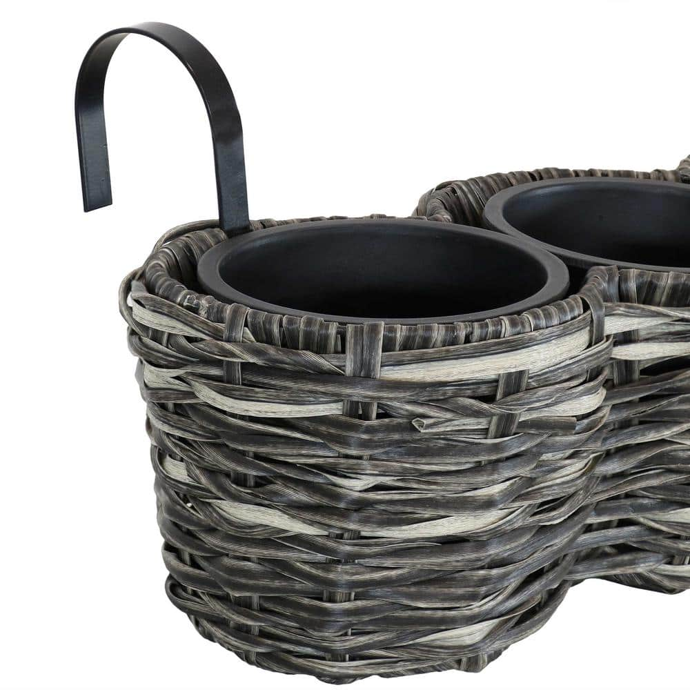 Sunnydaze Decor Charcoal Round Polyrattan Over-the-Rail Tri-Planter NHU-613