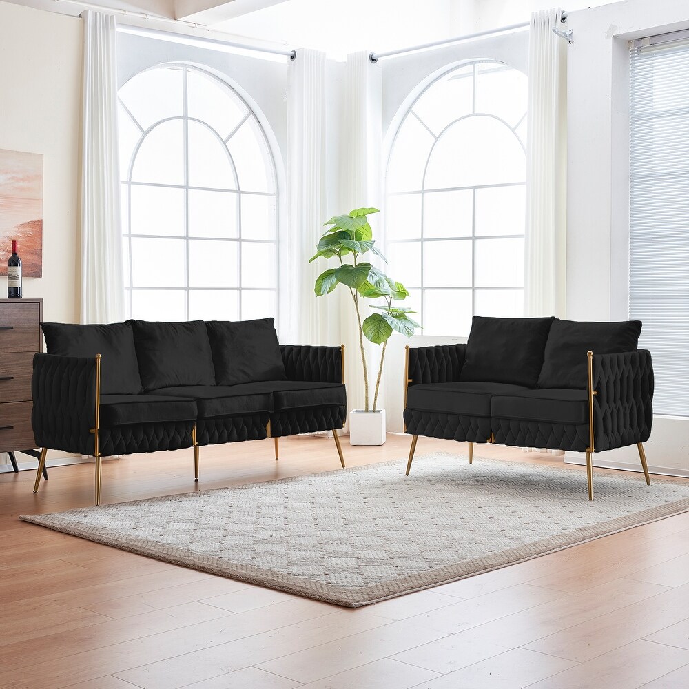 Ergonomically Handmade Woven Velvet Upholstered Sectional Sofa Set  Black   3seat + 2seat