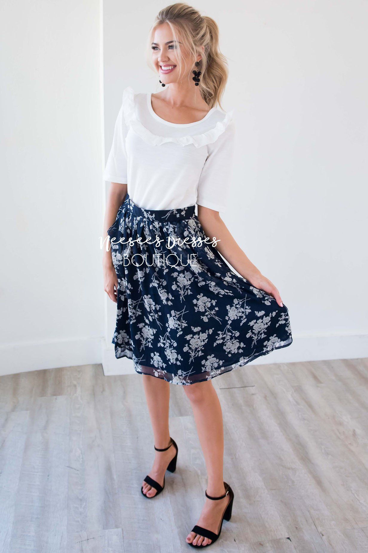 Navy & Cream Floral Chiffon Skirt