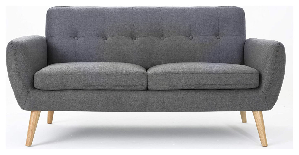 Mid Century Loveseat  Angled Natural Legs  ampButton Tufted Fabric Back  Dark Grey   Midcentury   Loveseats   by Decor Love  Houzz