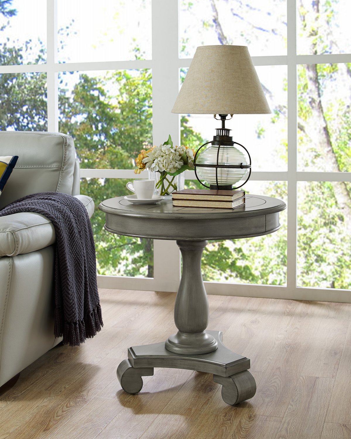 Roundhill Furniture Rene Round Wood Pedestal Side Table， Gray