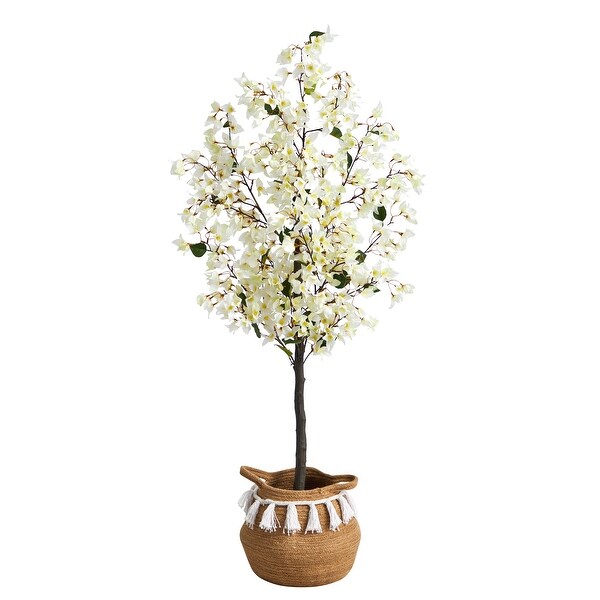 5' Artificial Bougainvillea Tree with Handmade Jute and Cotton Basket with Tassels