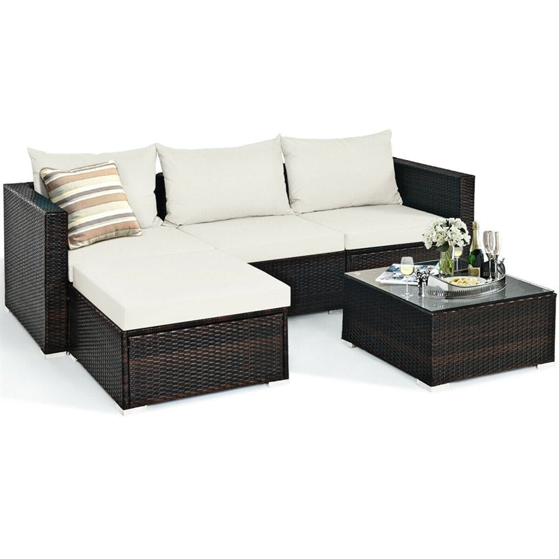 5 Pcs Rattan Wicker Outdoor Patio Sectional Furniture Set with Coffee Table & Cushions