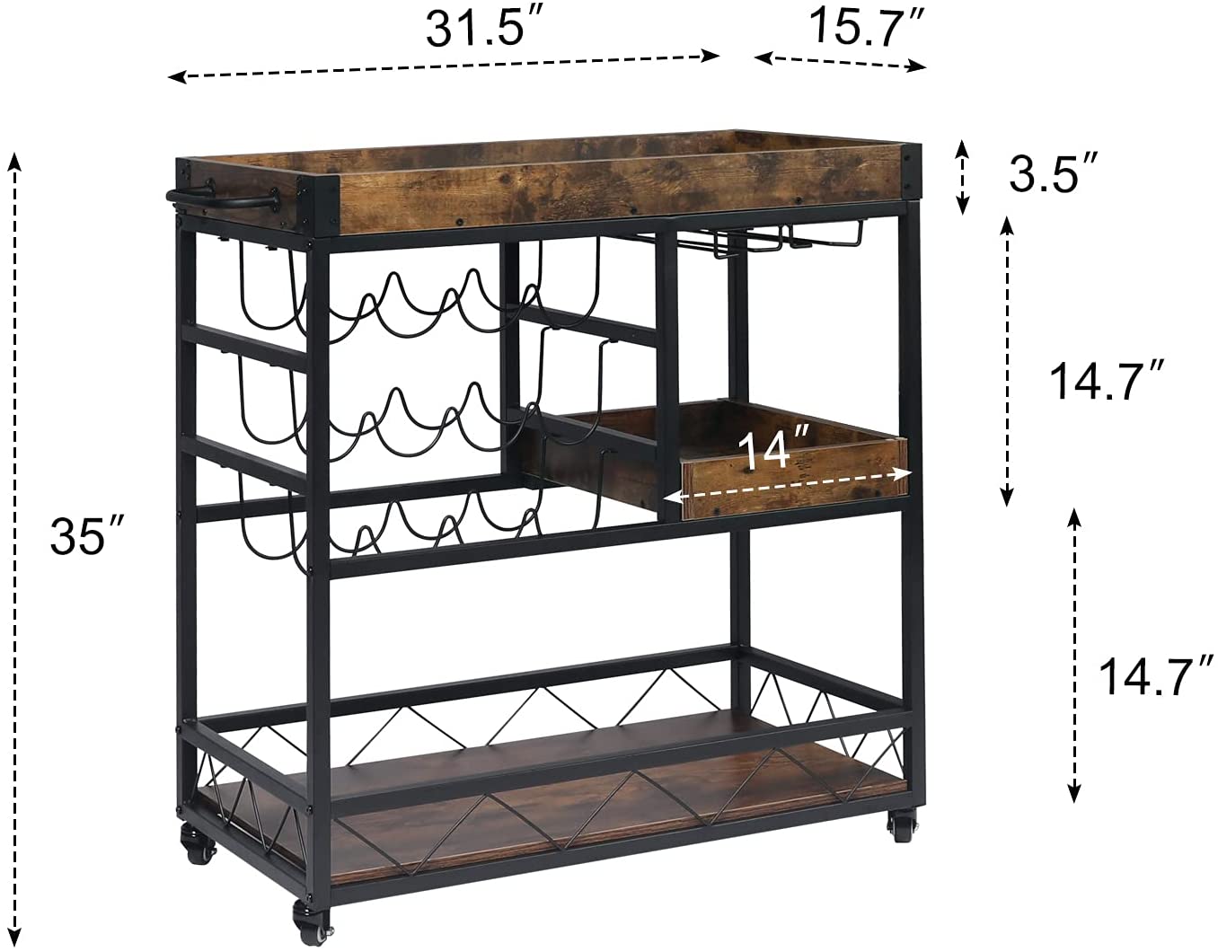 Large Bar Cart for Home Kitchen Baker's Rack with Removable Tray Box， Drawer， Industrial Wine Cart with Wine Rack， Glass Holder， Hooks， Rustic Brown Bar Serving Cart