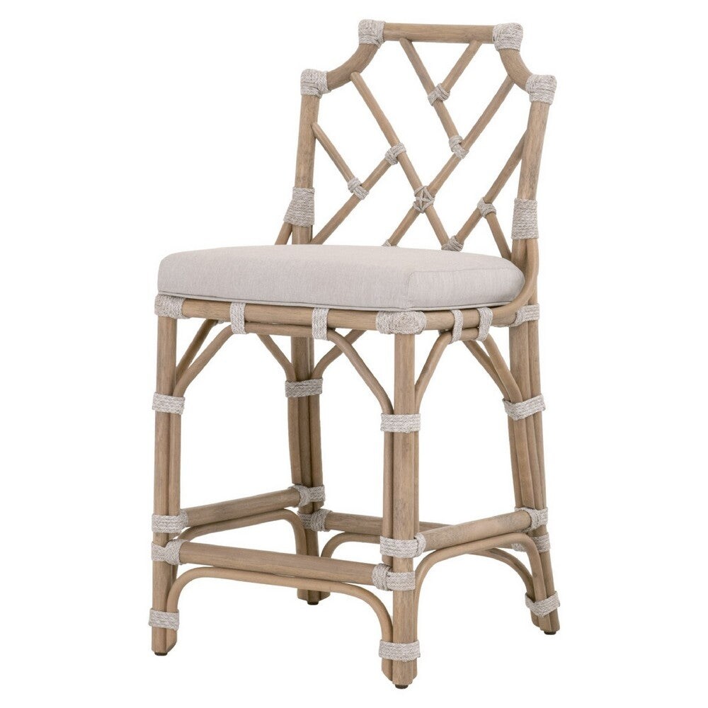 Counter Stool with Scooped Back and Rattan Frame， Taupe Gray - 40.5'H X 21