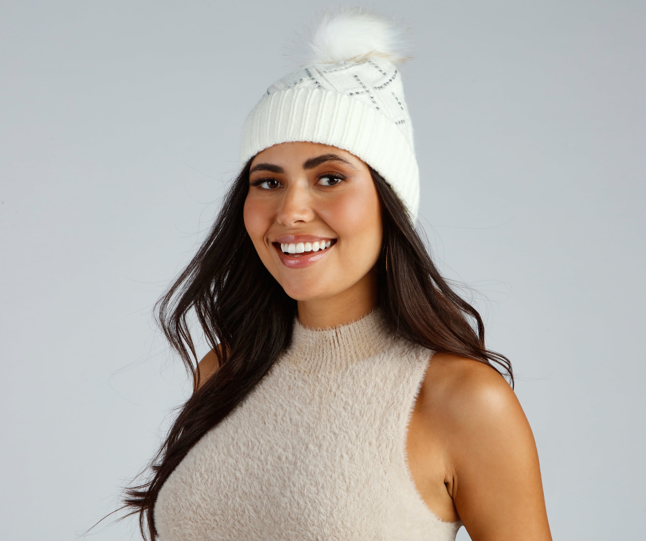 Glam Touch Rhinestone Pom Beanie