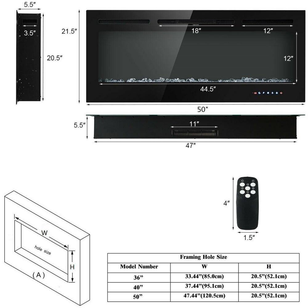 Gymax 50 in. Electric Fireplace Recessed and Wall Mounted 750-Watt1500-Watt with Multicolor Flame GYM03652