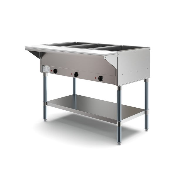 3-Pan Open Well Commercial Electric Stainless Steel Steam Table with Undershelf， Warming Control Knobs， and Front Serving Area